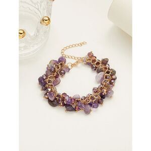 Purple Amethyst Multi Gemstone Tassel Charm Bracelet Adjustable Goldtone Chunky